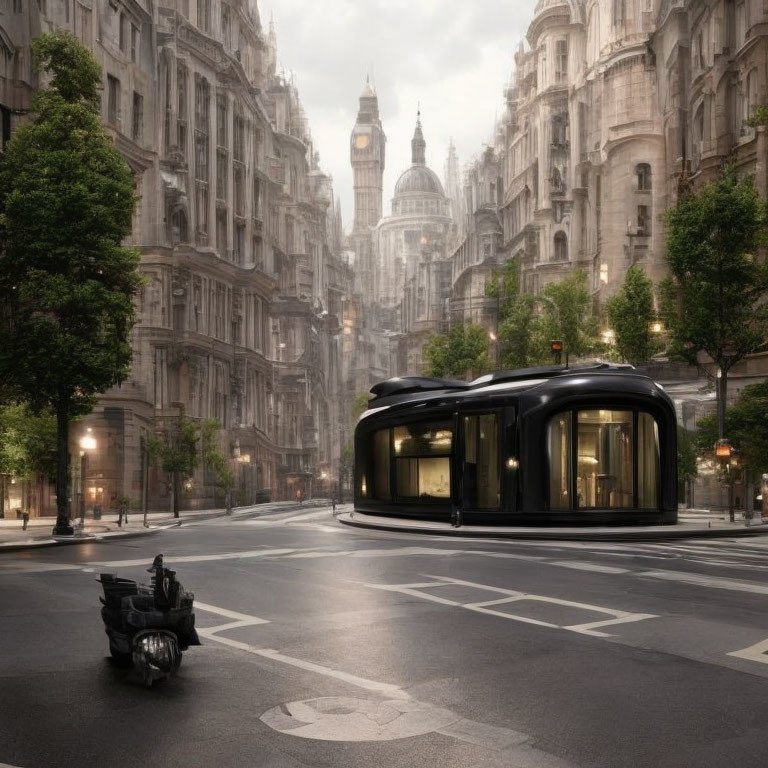 Deserted street in historic city with modern tram and classic architecture.