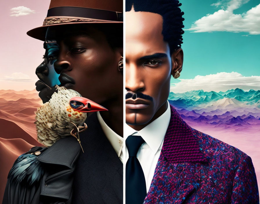 Stylized portraits of men with surreal elements and colorful, layered hills