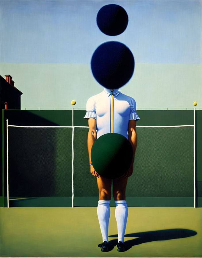 Surreal painting of tennis player with green ball body and fuzzy sphere heads on court