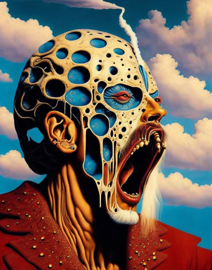 Surreal humanoid figure with skull-like face and exposed muscle against blue sky