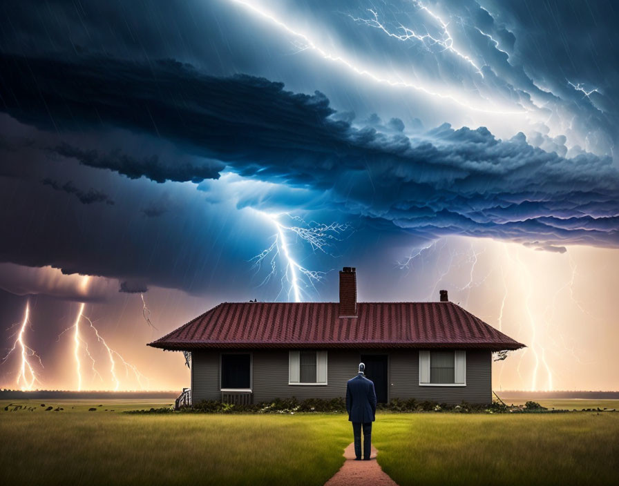 Man watching dramatic thunderstorm with multiple lightning strikes