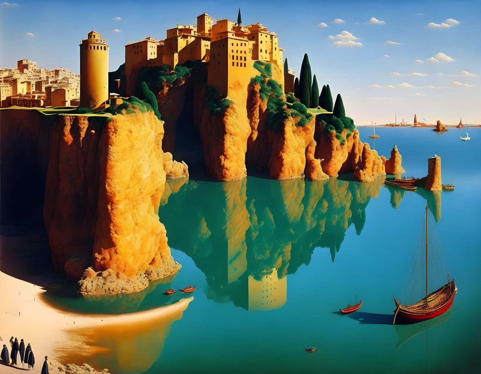 Vibrant coastal cityscape with orange cliffs, reflective water, green trees.