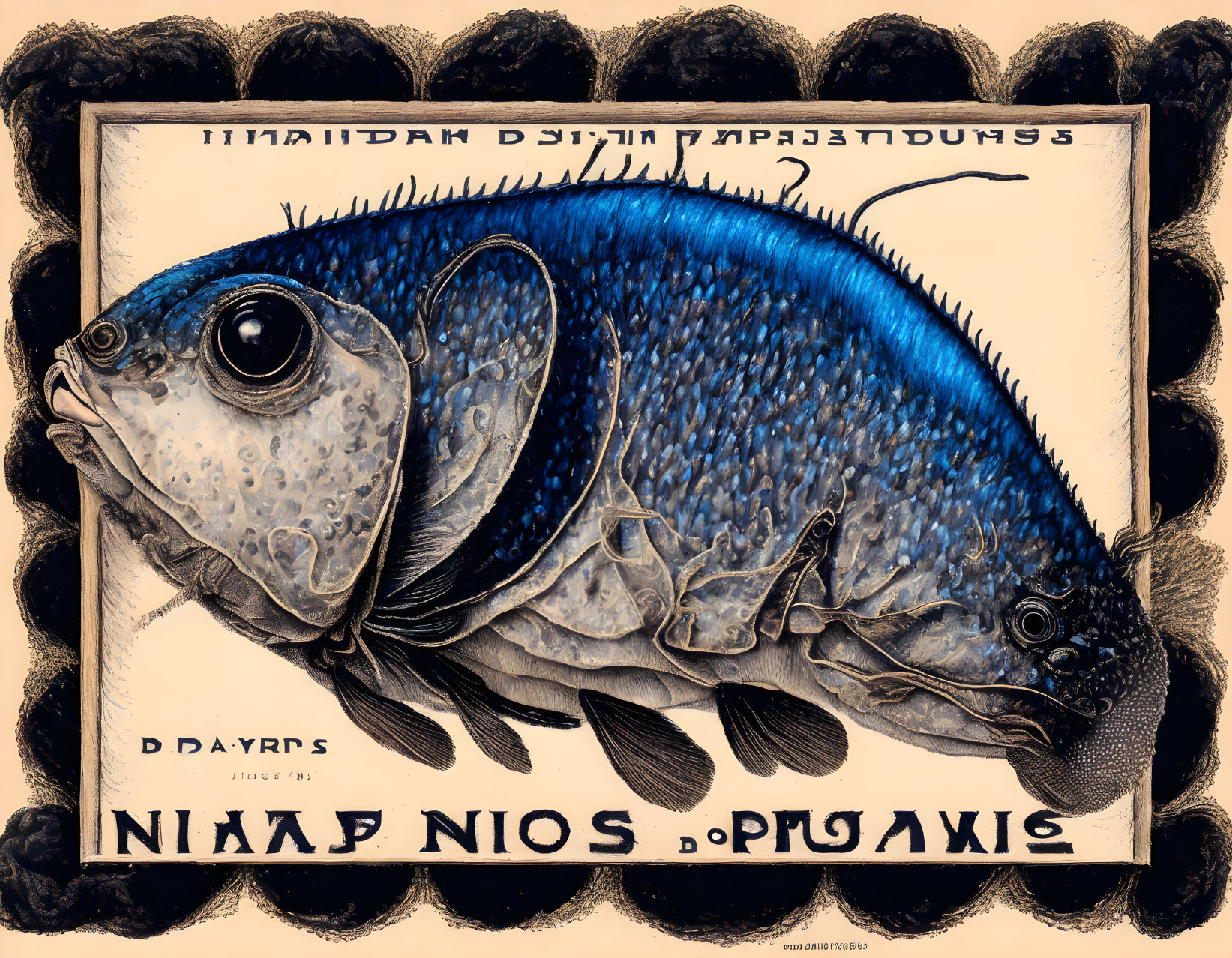 Blue Fish Illustration with Large Eyes and Ornate Fins in Decorative Border