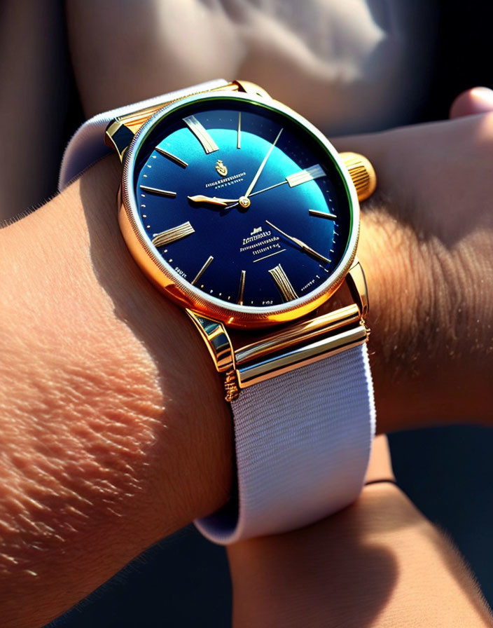 Elegant gold watch with blue dial and white band in sunlight