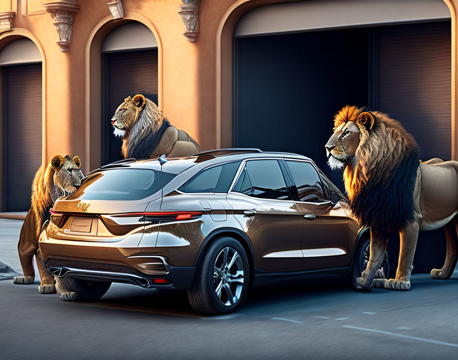 Three lions inspect luxury car in courtyard with arches & warm lighting