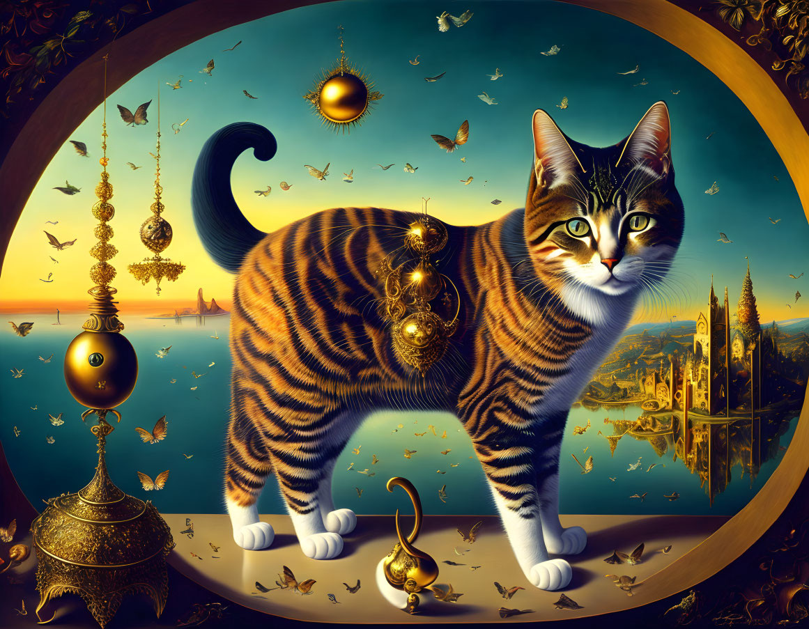 Surreal artwork of large striped cat with golden gears in circular frame on fantastical landscape