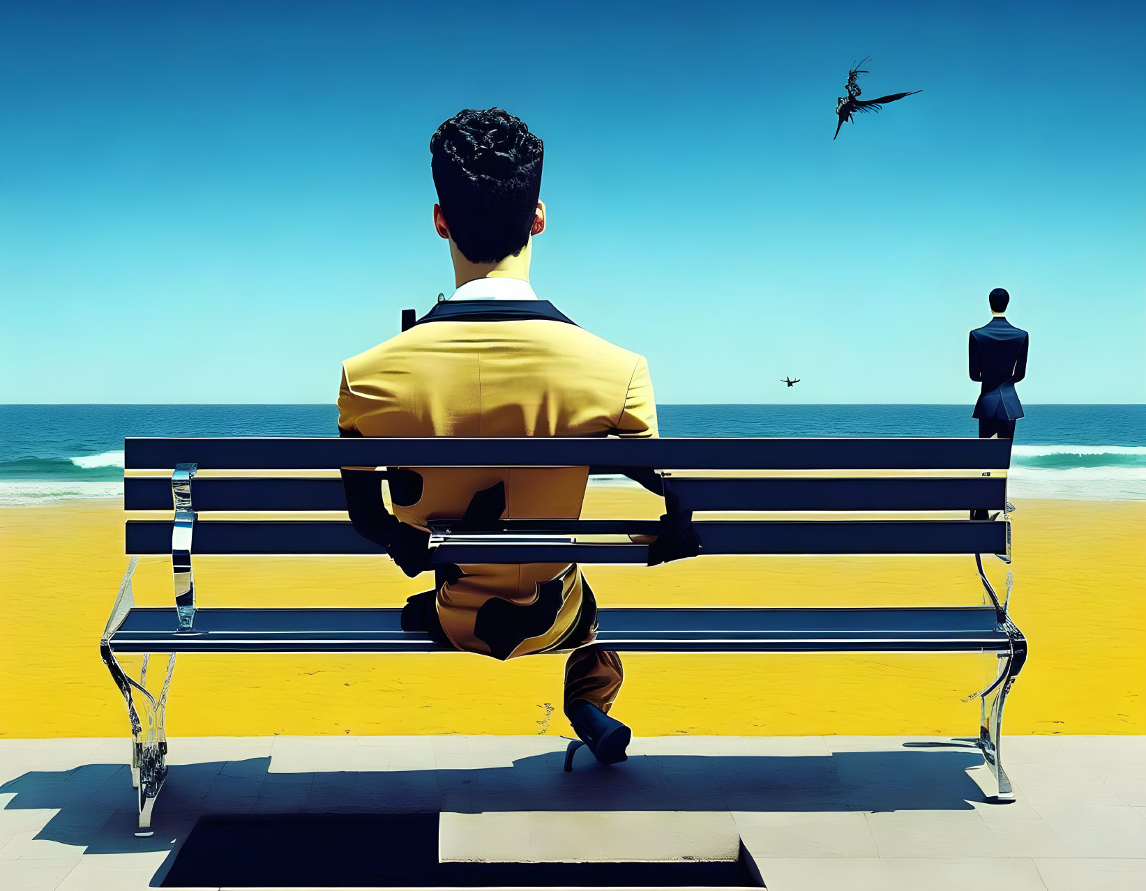 Two men in beach scene with flying bird and bright horizon.