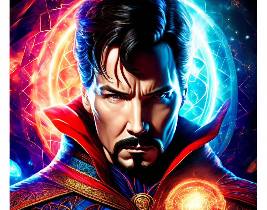 Male comic book character in red cloak and blue attire casting mystical spells with glowing symbols