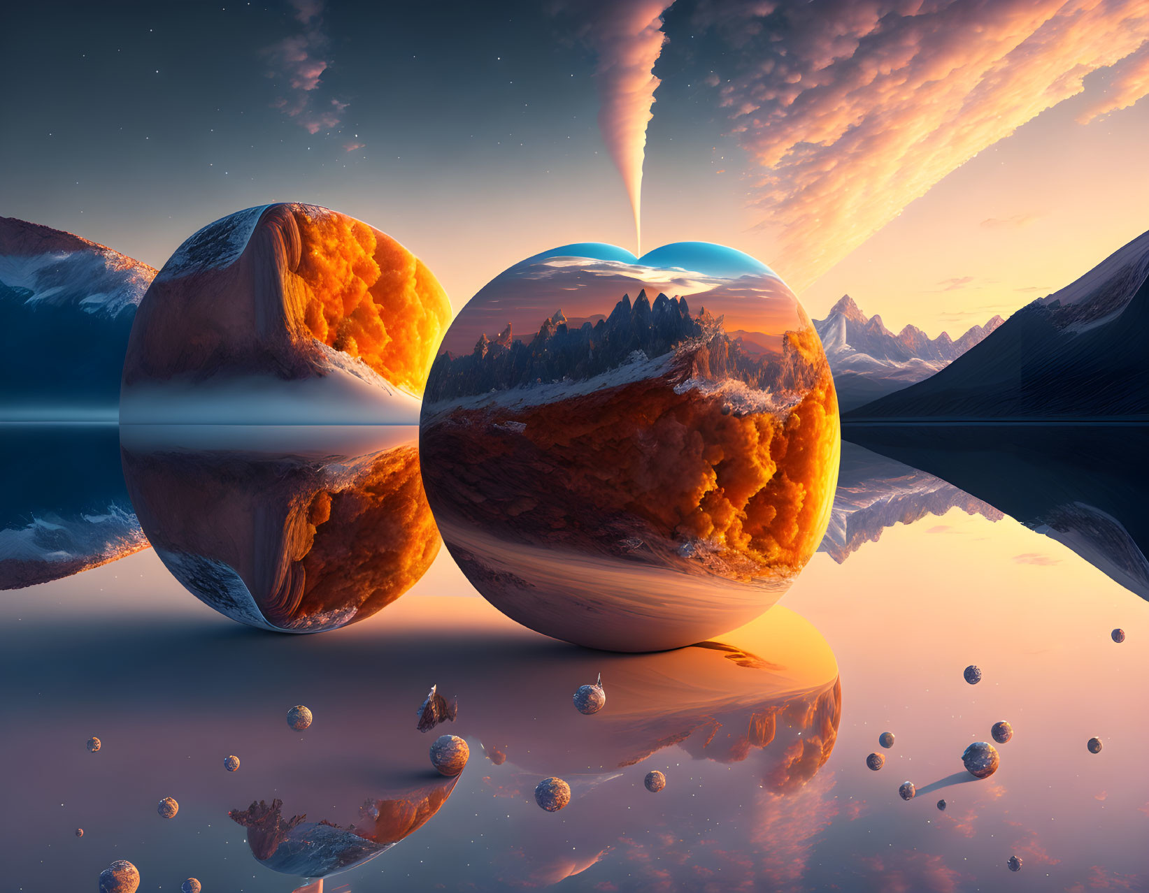 Reflective spheres, comet, mountains, and water in surreal landscape