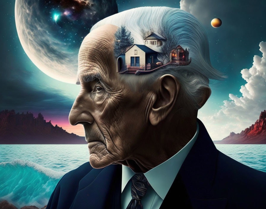 Elderly man portrait with cosmic landscape overlay