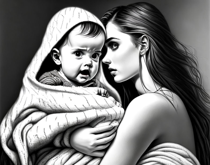 Monochrome illustration of woman holding baby in knit blanket