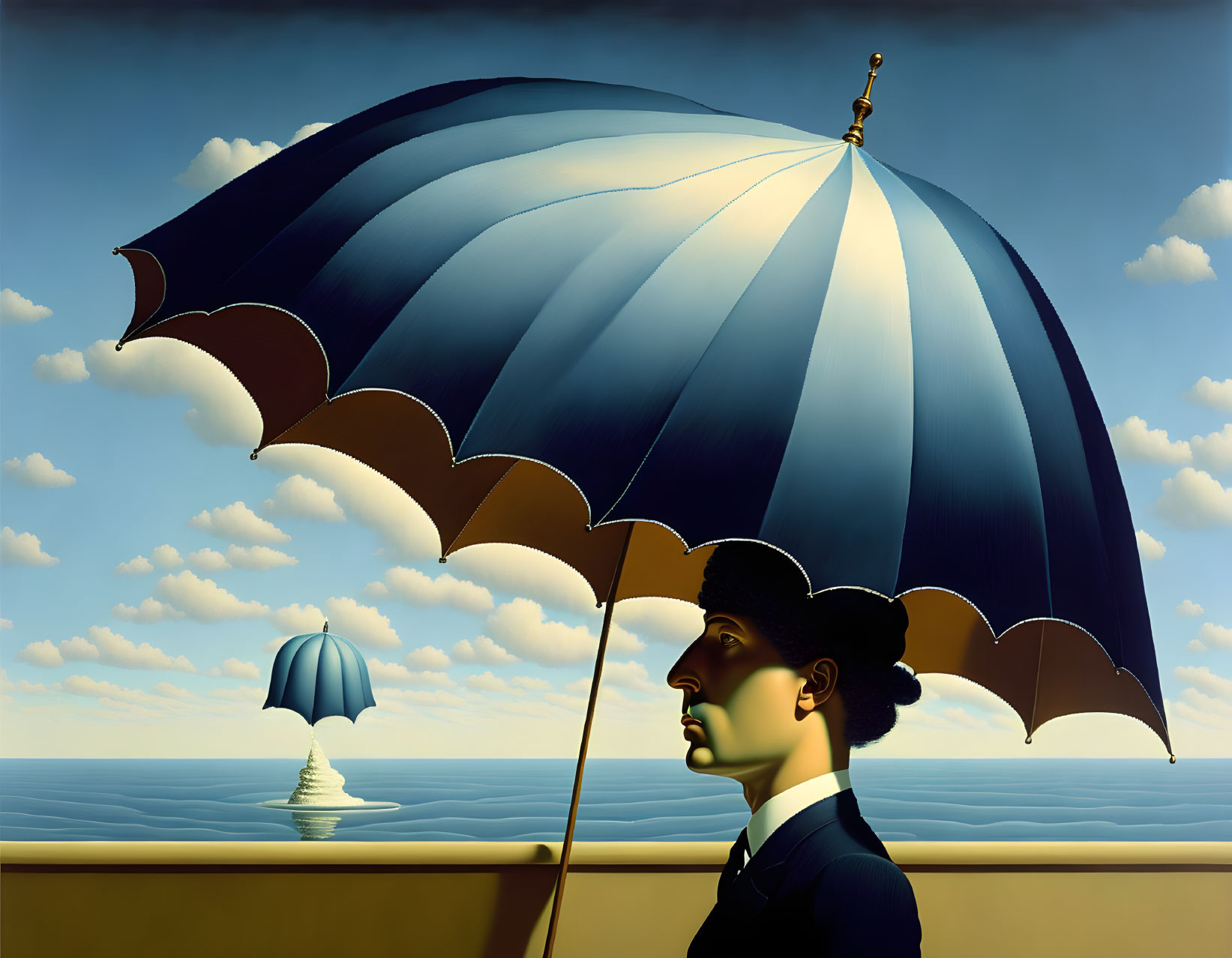 Surrealist painting of person with bowler hat and umbrella on sky-blue background