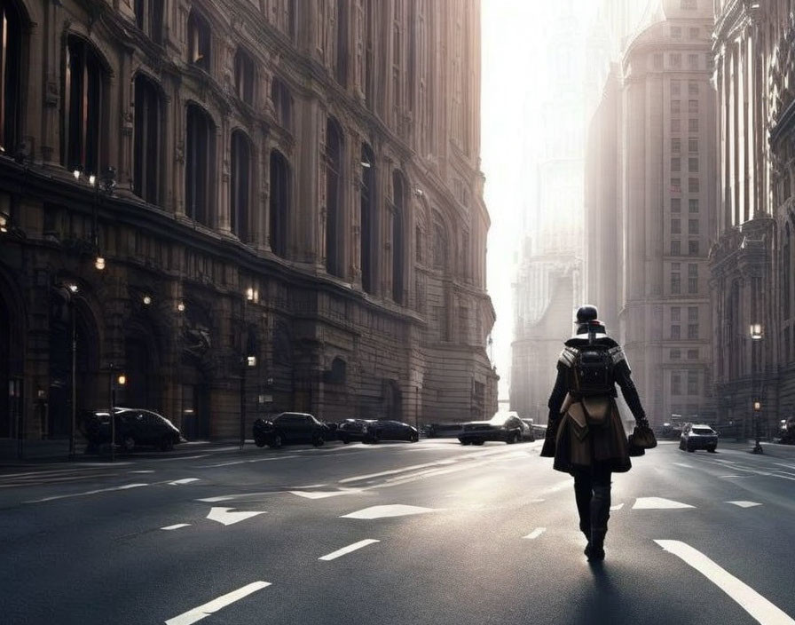 Person walking on sunlit urban street with grand buildings and parked cars