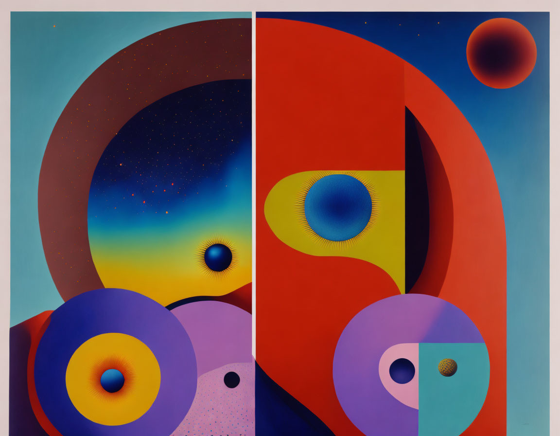 Vibrant geometric shapes and cosmic elements on dual canvas