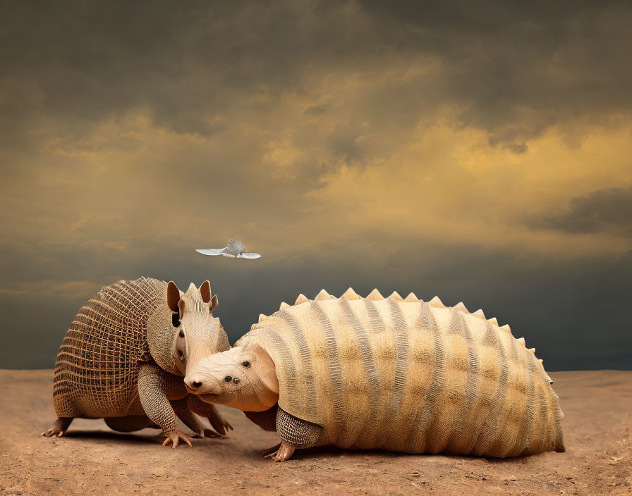 Two armadillos with woven cap, spaceship in desert under cloudy sky