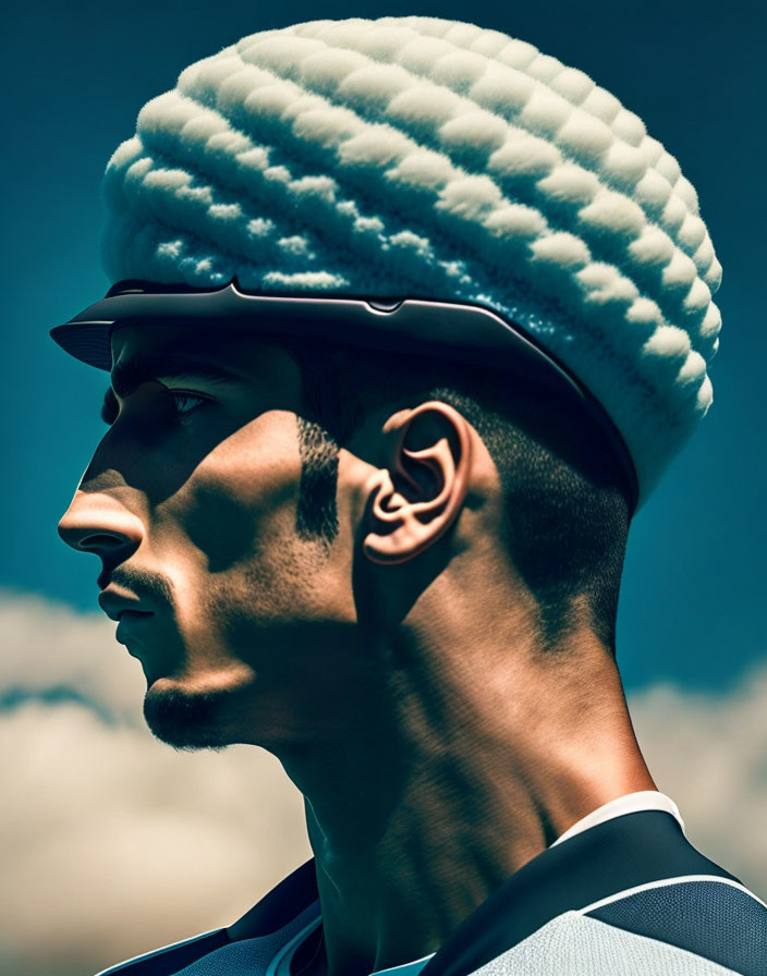 Man in Textured White Headpiece and Suit Against Blue Sky