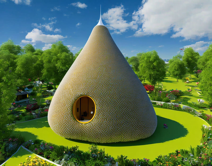 Unique cone-shaped building with round door in lush garden.