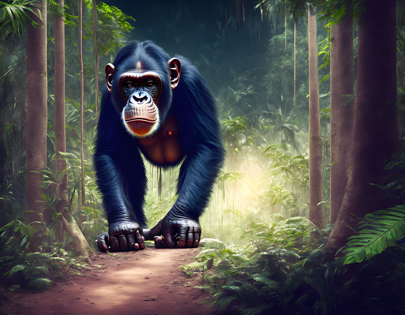 Muscular chimpanzee walking on forest path among tall trees