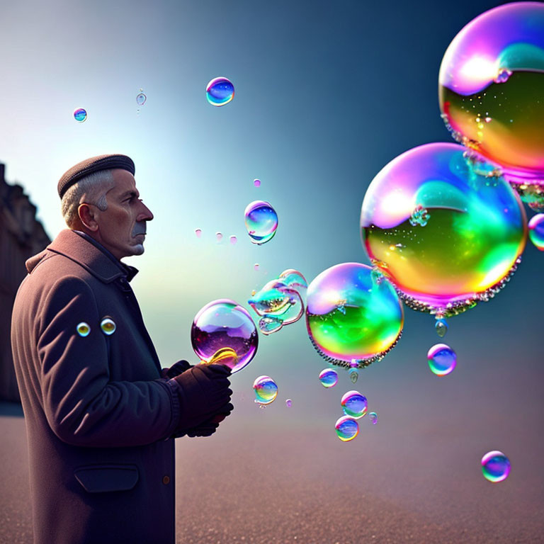 Man in Coat and Hat Making Iridescent Soap Bubbles at Night