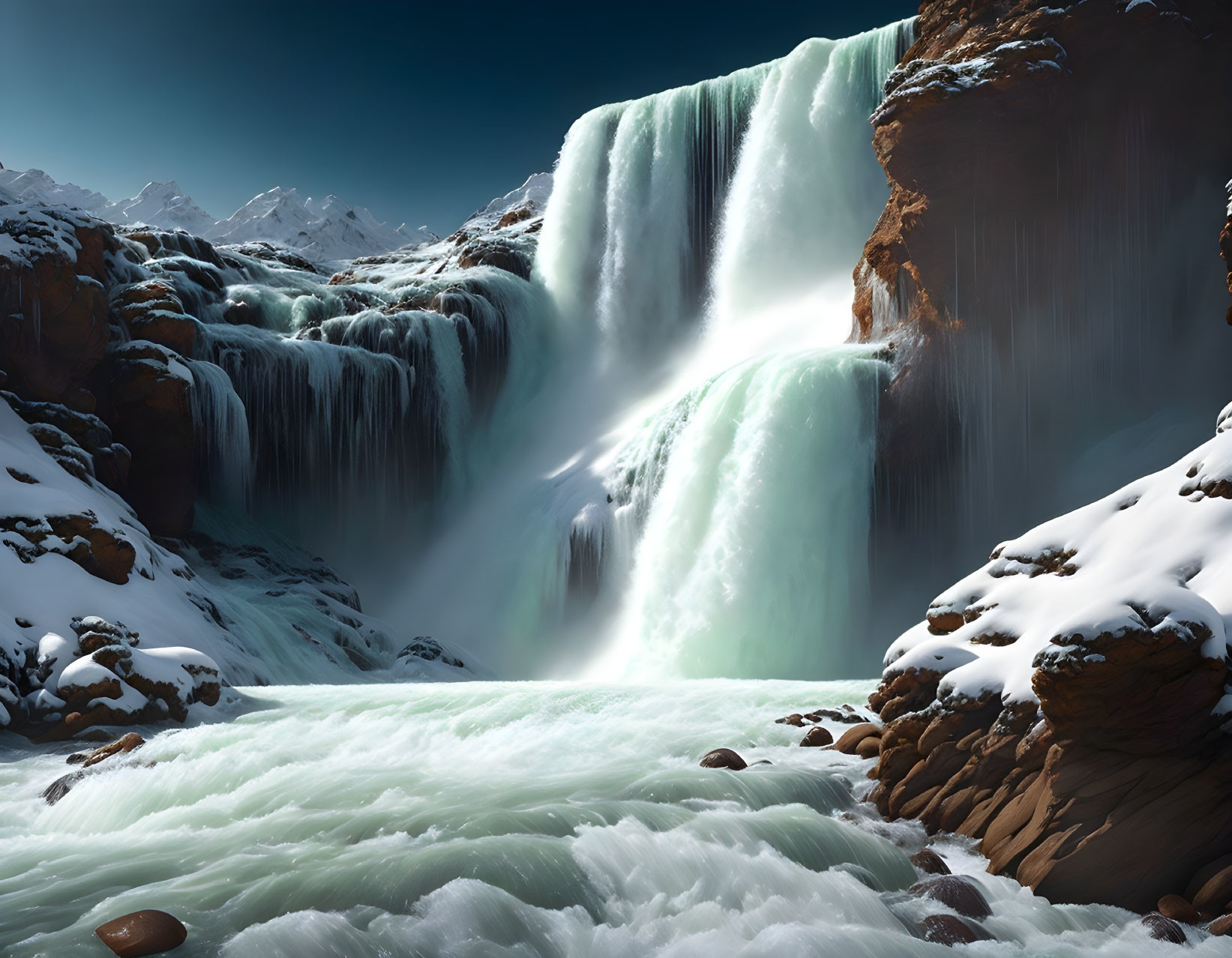 Scenic waterfall surrounded by snow and blue sky