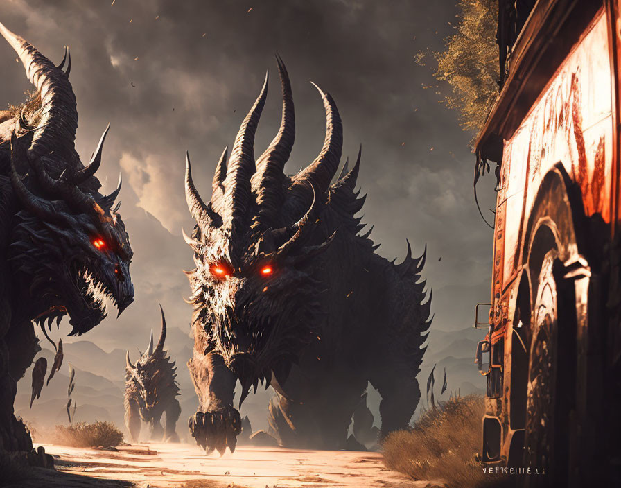 Menacing dragons with glowing red eyes and large horns near an old carriage on a dusty road in a