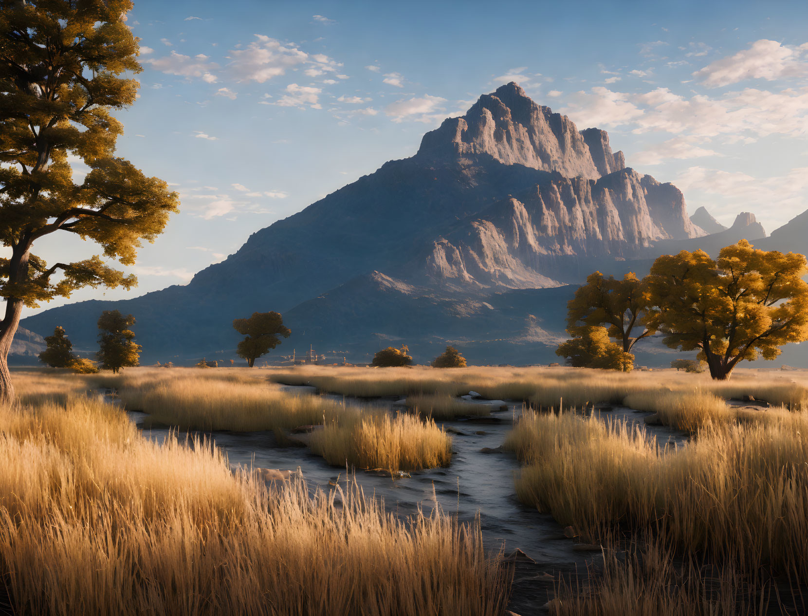 Scenic sunlit grassy plain with meandering stream and rugged mountain peak