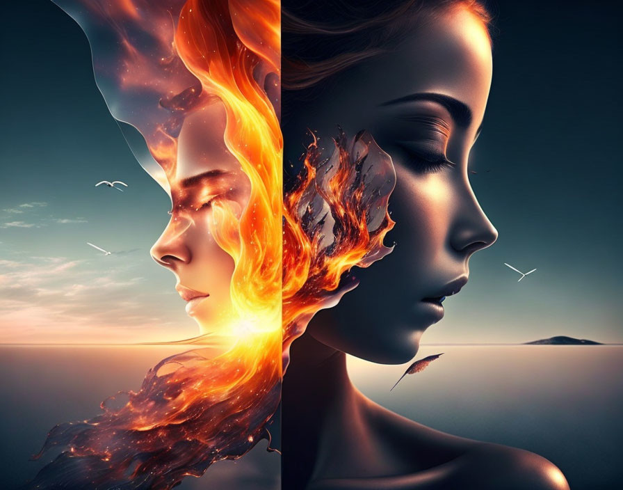 Surreal image: Woman with face half flames, half serene seascape