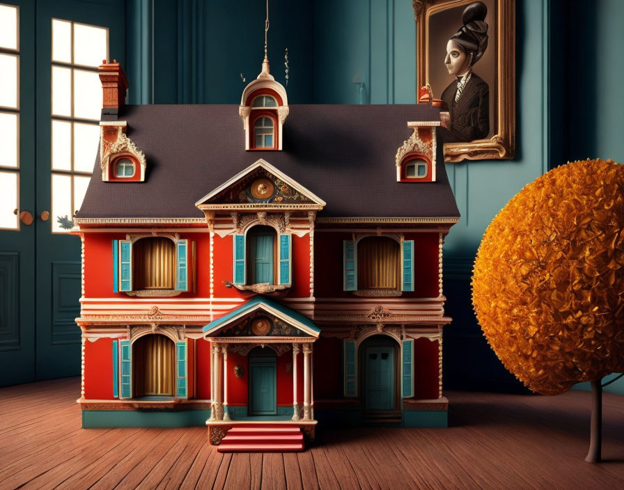 Miniature Victorian-style house model with red and blue details in teal room with golden tree sculpture, window