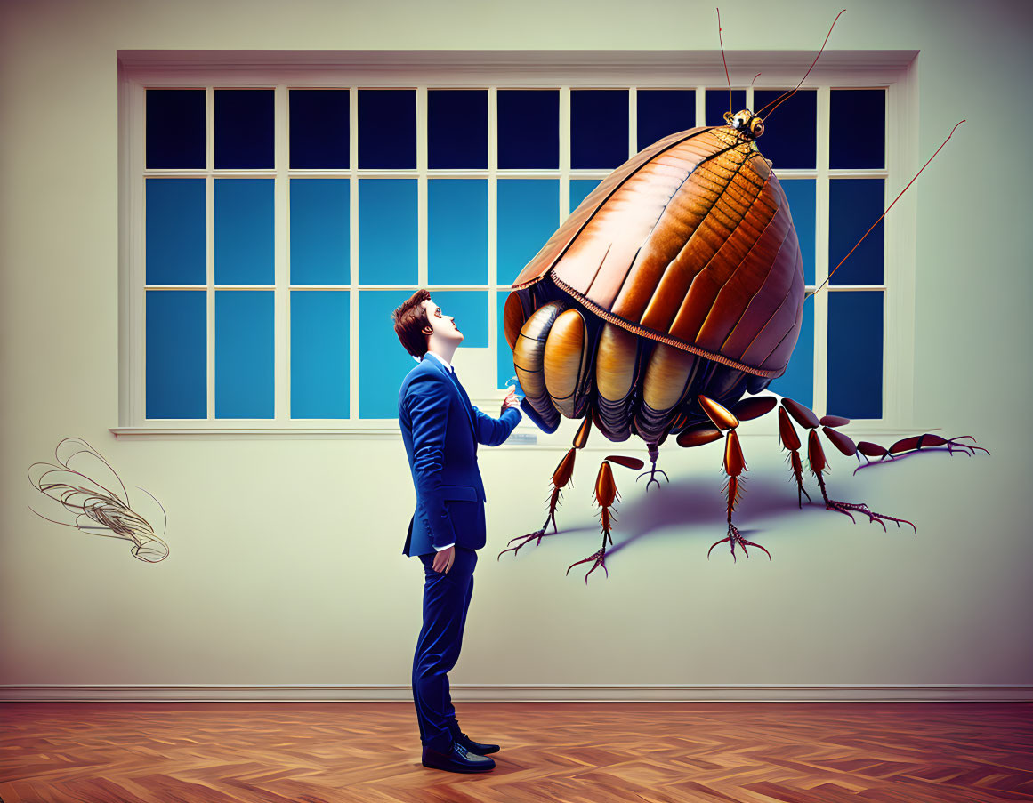 Businessman surprised by giant hovering flea in room with window & wooden floor