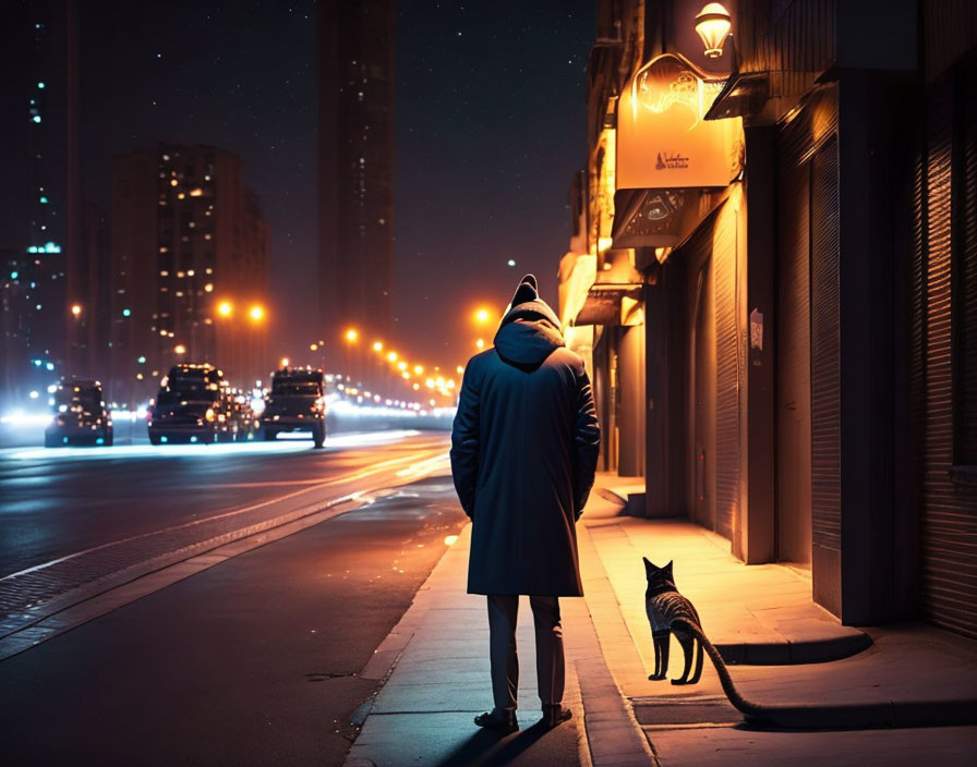 Person in Blue Coat and Hat with Cat on City Street at Night