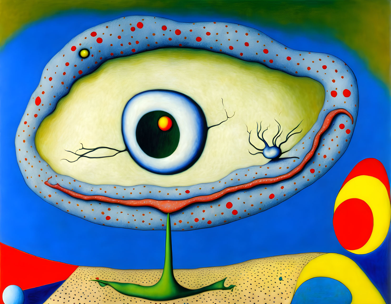 Surreal painting: oversized eye, landscape, abstract sky, colorful shapes