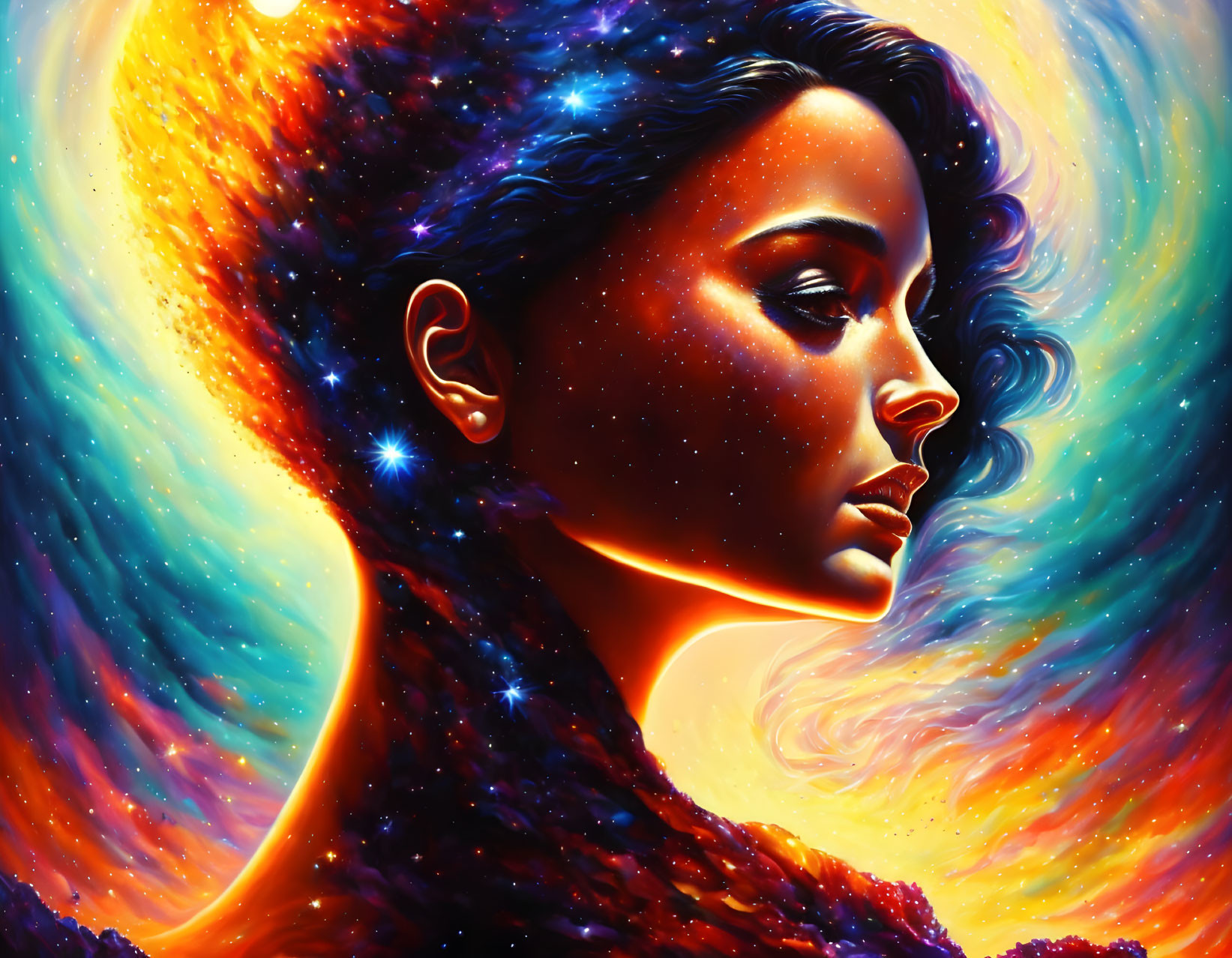 Colorful portrait of woman blending with starry nebula on cosmic background