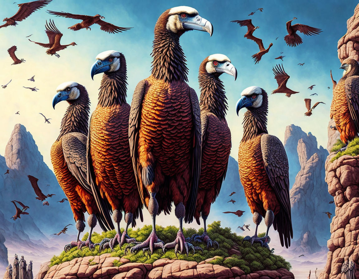 Five vultures with prominent beaks in rocky terrain under a blue sky