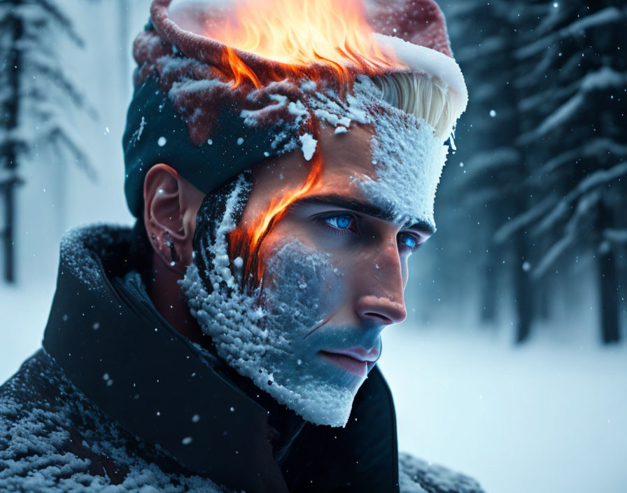 Man with Icy Skin and Fiery Hair in Snowy Forest