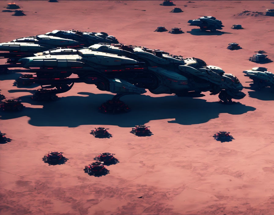 Futuristic vehicle with multiple legs on barren, reddish landscape