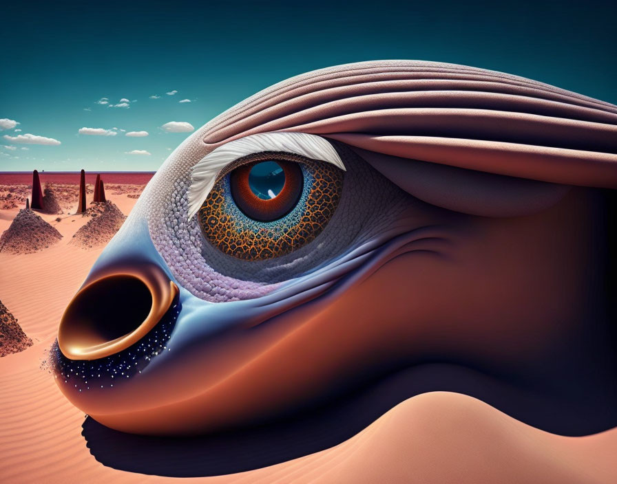 Surreal landscape with large eye and nostril dune under clear sky