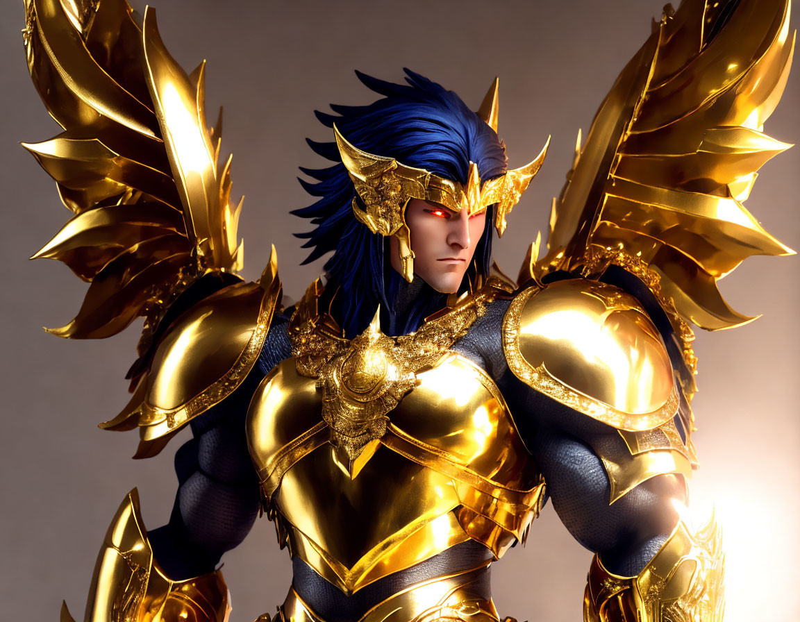 Blue-haired character in golden armor with wing-like shoulder pads and red eyes poses dramatically against glowing backdrop.