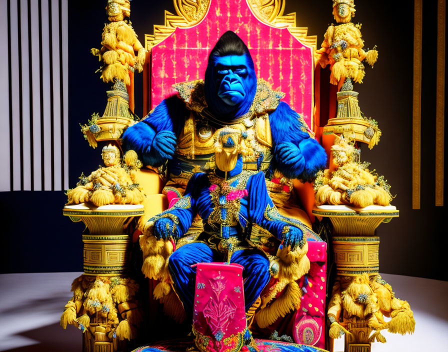 Regal gorilla statue in blue and gold on ornate throne