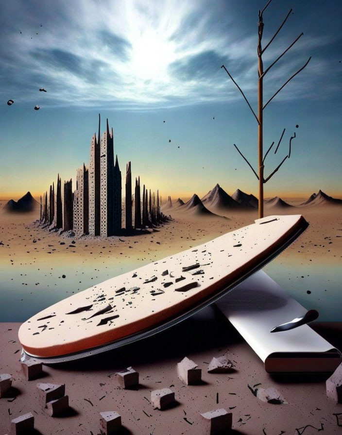 Barren tree, eraser book, futuristic buildings in surreal landscape