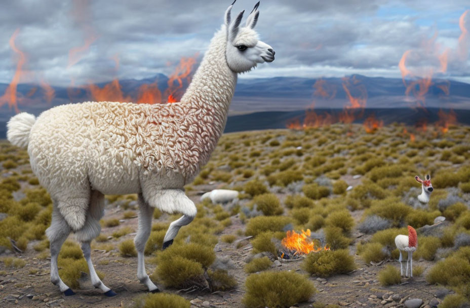 Digitally altered image: Llama with brain-like wool pattern among fires in barren landscape