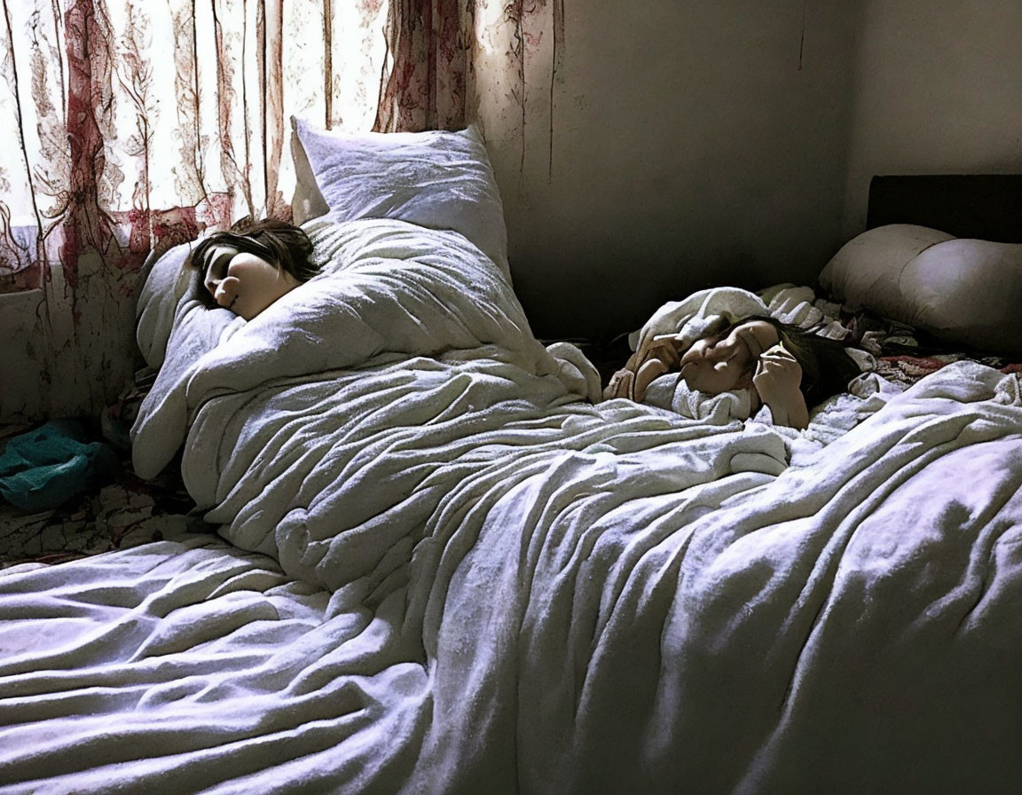 Person sleeping in messy bed with sunlight and shadows in room with red curtains