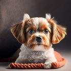 Adorable tricolor puppy on knitted blanket with floppy ears