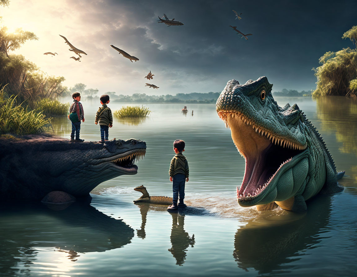 Children observing photorealistic alligator and dinosaur by water at dusk