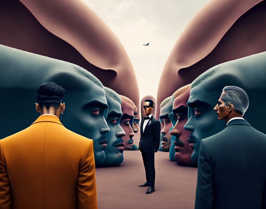 Surreal artwork featuring giant male heads and stylishly dressed men walking between them