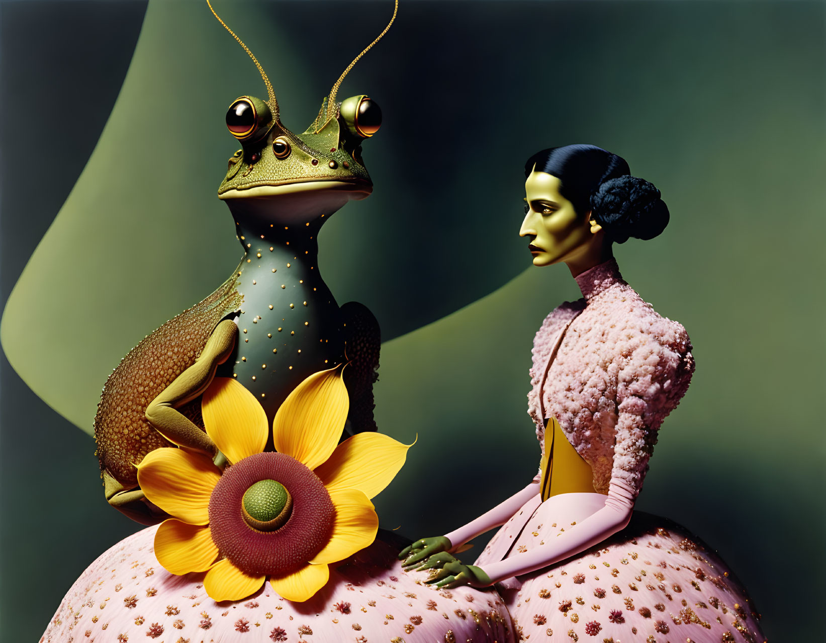 Surreal image: giant frog, sunflower, woman in pink outfit, green backdrop