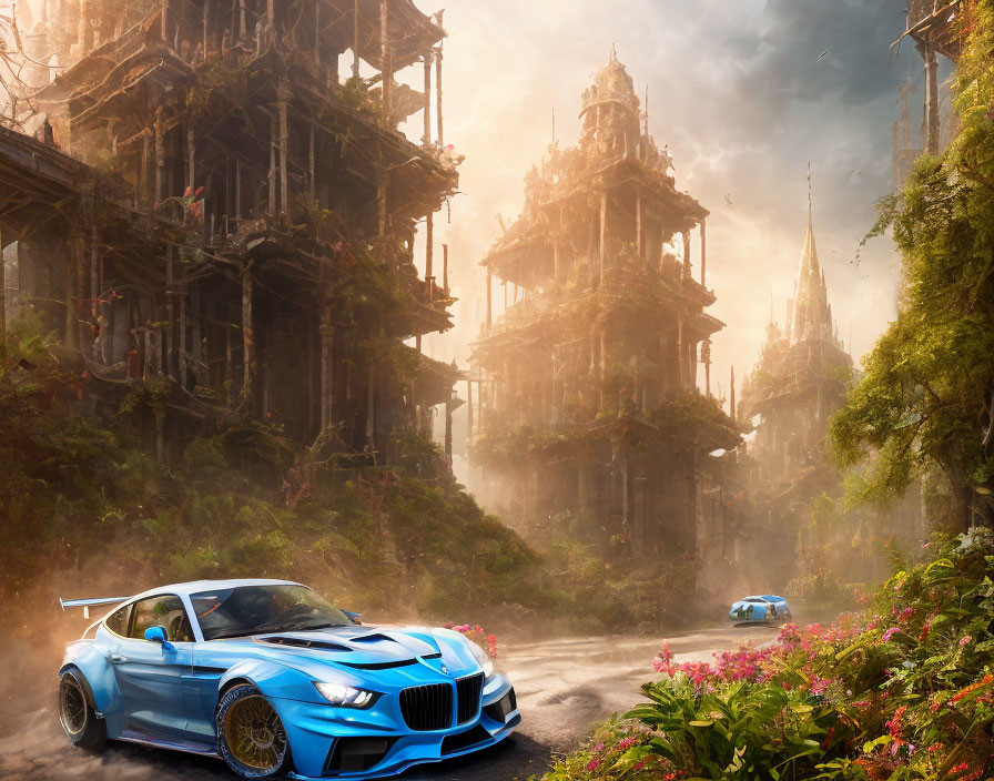 Blue sports car in post-apocalyptic urban landscape with overgrown foliage