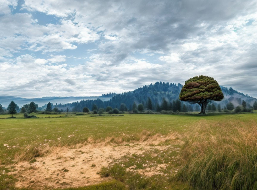 Lone well-shaped tree in vast meadow with distant forest and overcast sky