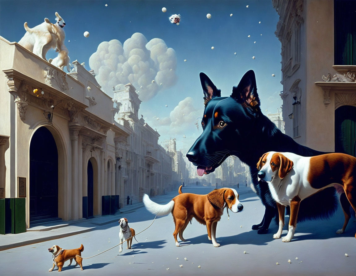 Surreal painting featuring dogs of varied sizes in a cityscape