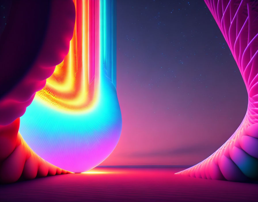 Neon-colored digital artwork with glowing fluid shapes on surreal starry background