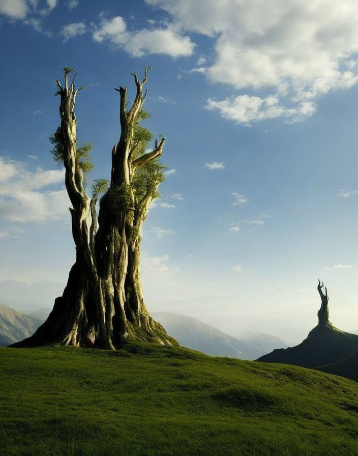 Ancient gnarled tree on grassy hill with rolling mountains in the background